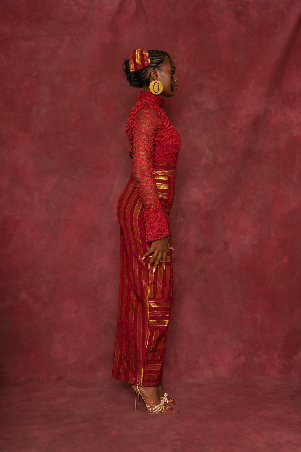 Red Lace Blouse and Rhozubic Woven Maxi Skirt