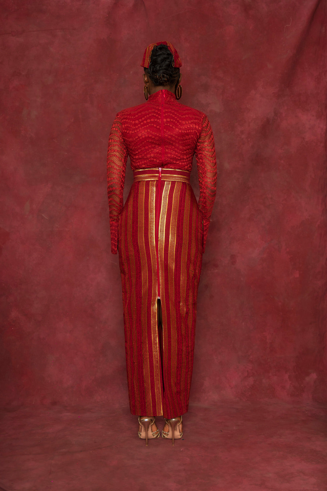 Red Lace Blouse and Rhozubic Woven Maxi Skirt