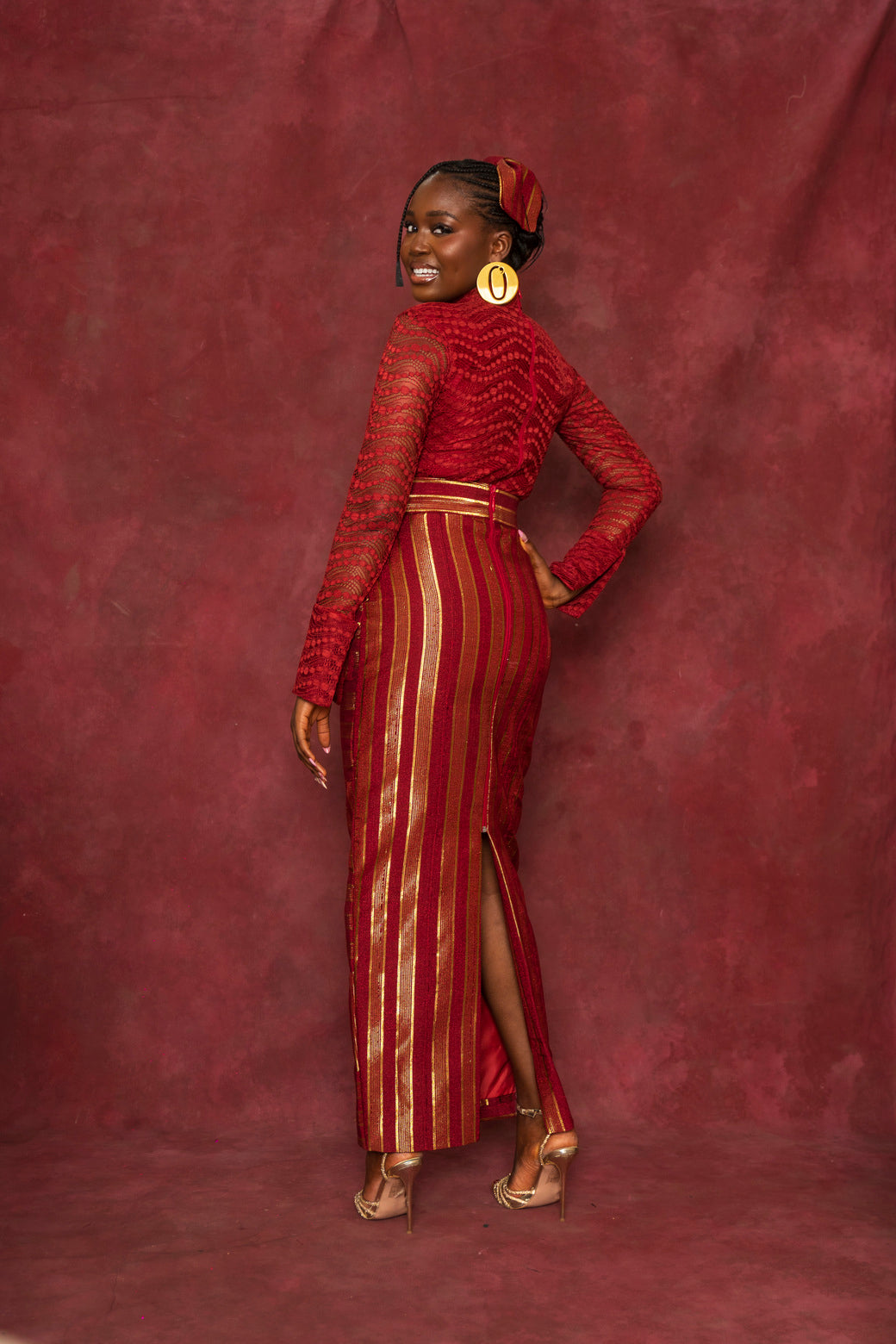 Red Lace Blouse and Rhozubic Woven Maxi Skirt