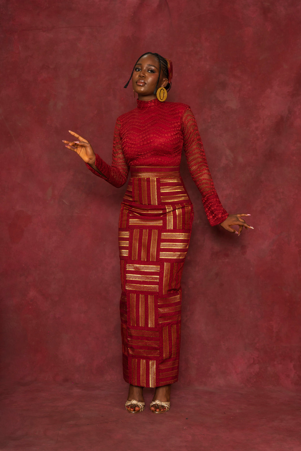 Red Lace Blouse and Rhozubic Woven Maxi Skirt