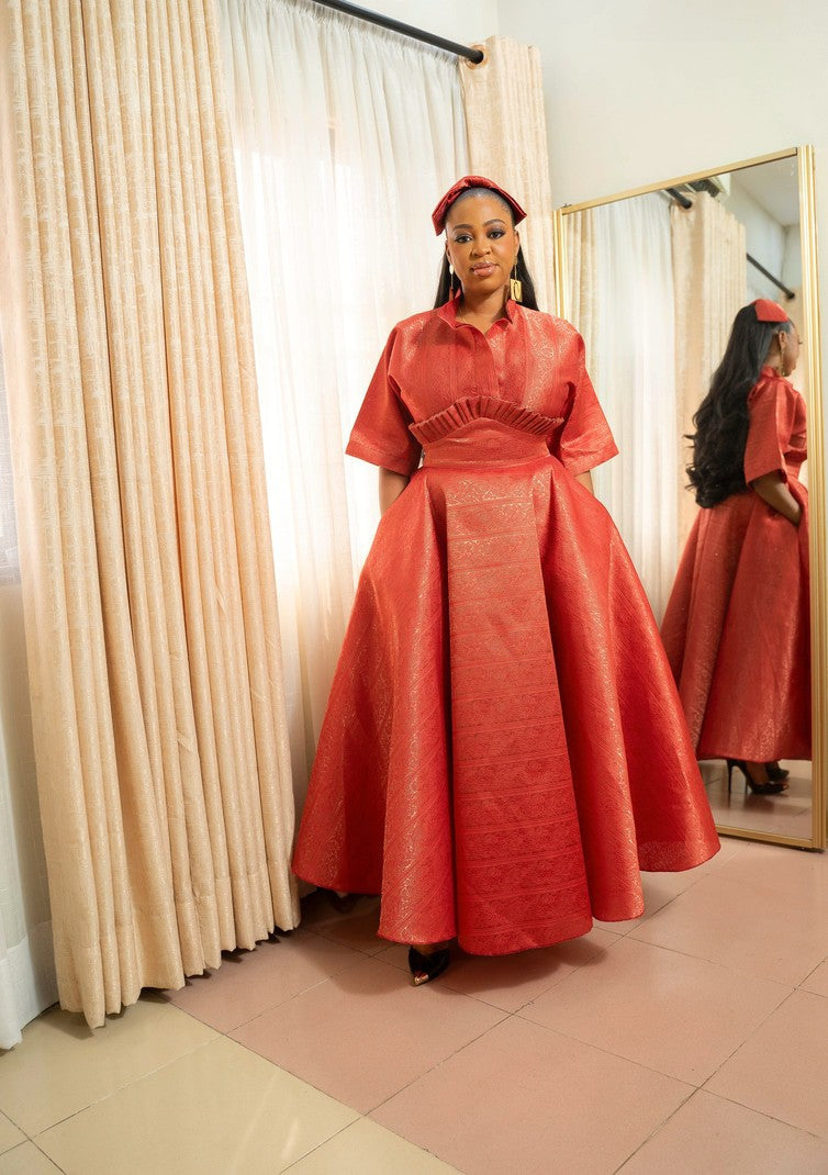 Red Boxy Blouse and Ruffle Detail Skirt