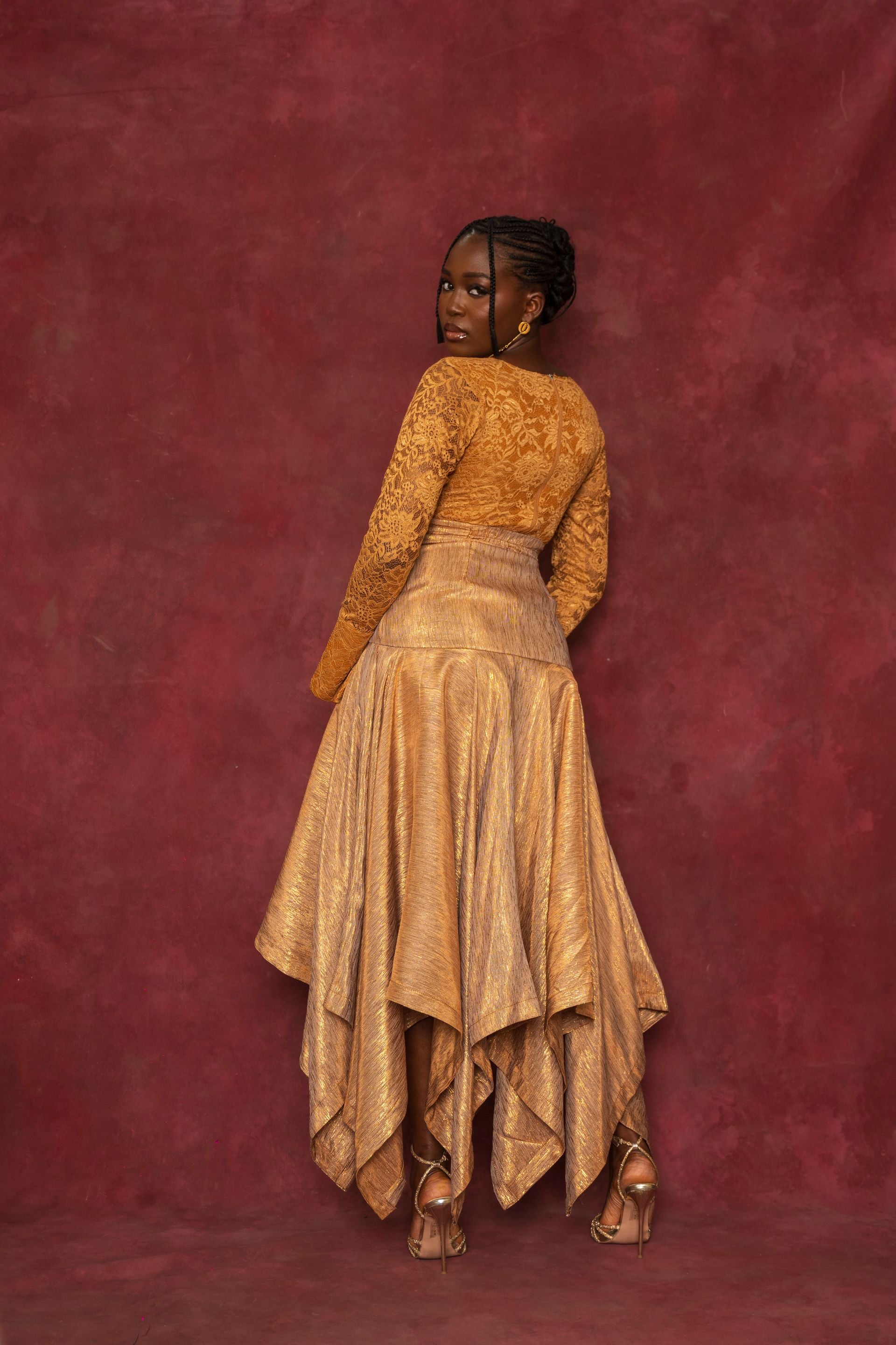 Gold Lace Blouse and Handkerchief Skirt Set