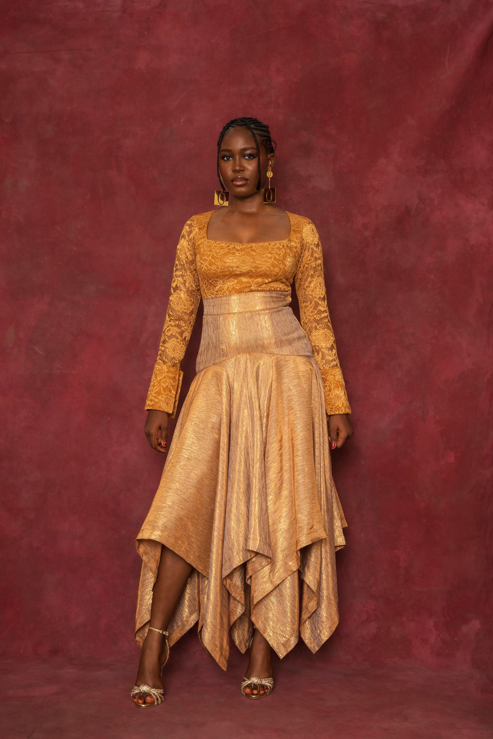 Gold Lace Blouse and Handkerchief Skirt Set