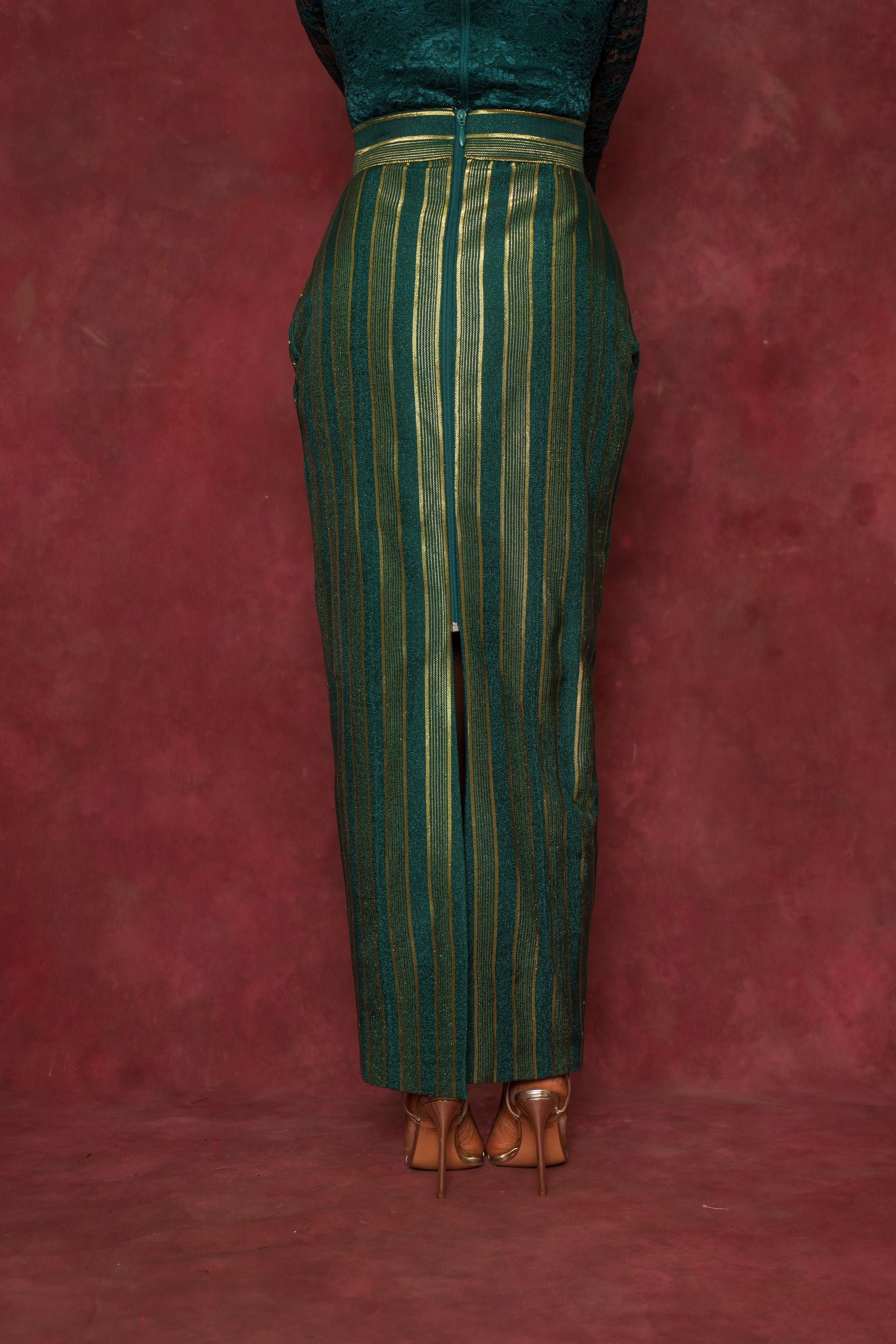 Green Lace Blouse and Rhozubic Woven Maxi Skirt