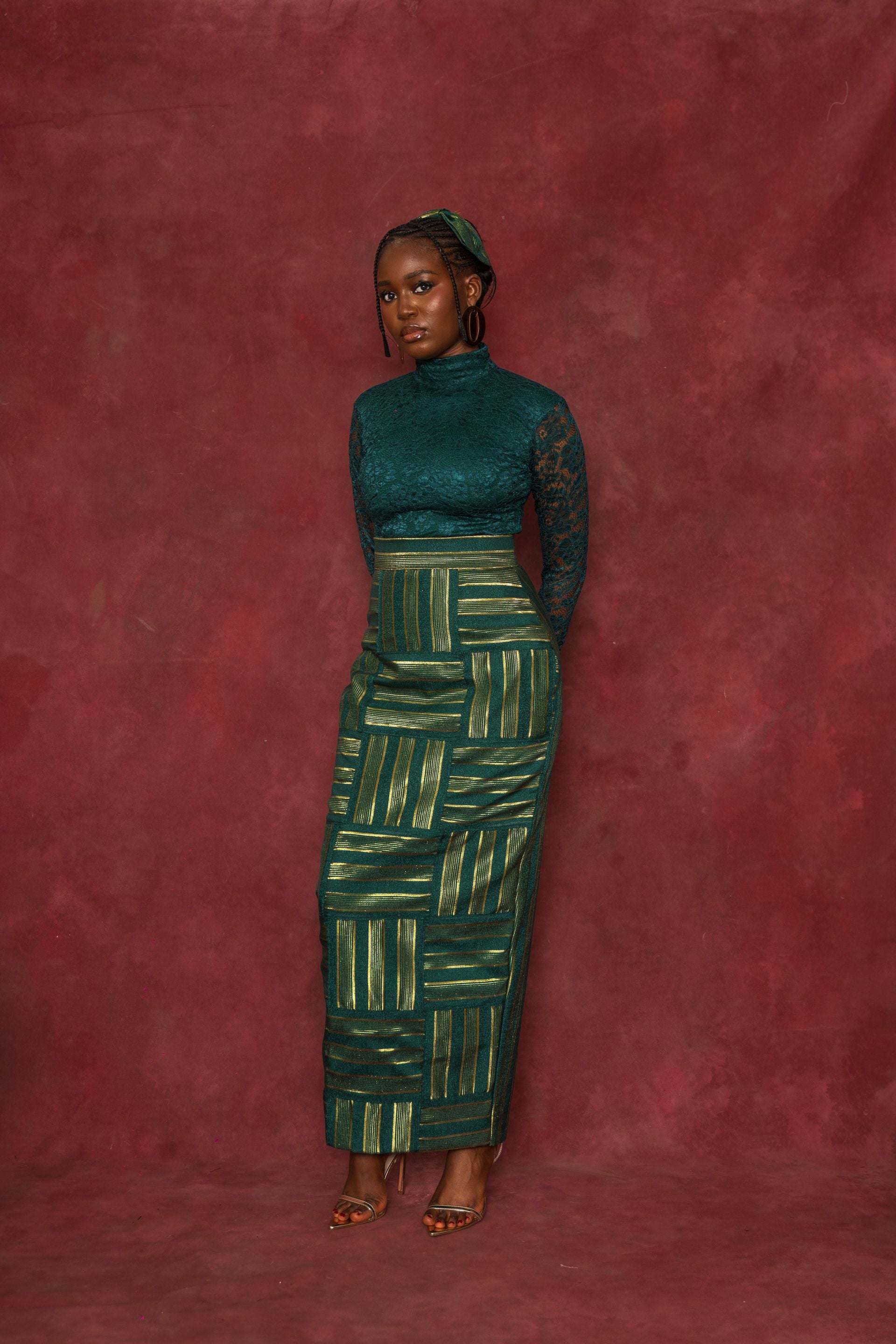 Green Lace Blouse and Rhozubic Woven Maxi Skirt