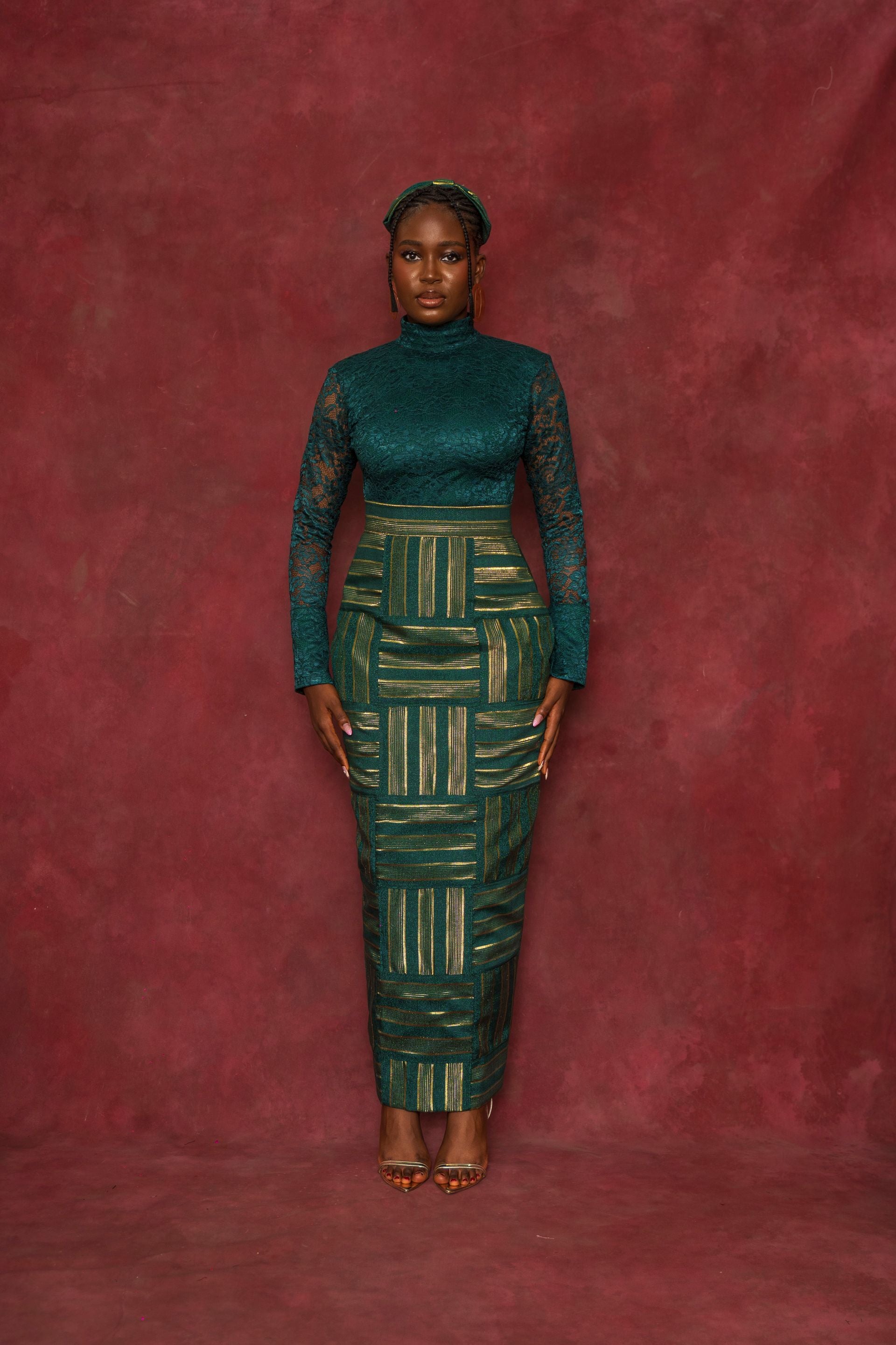 Green Lace Blouse and Rhozubic Woven Maxi Skirt