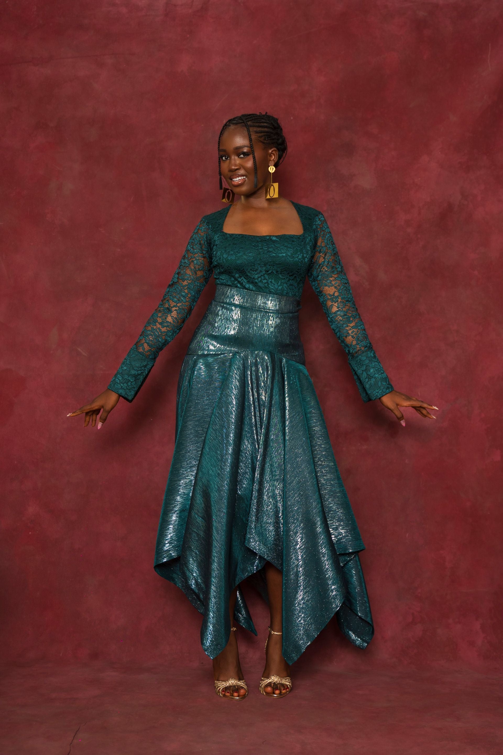 Green Lace Blouse and Handkerchief Skirt Set