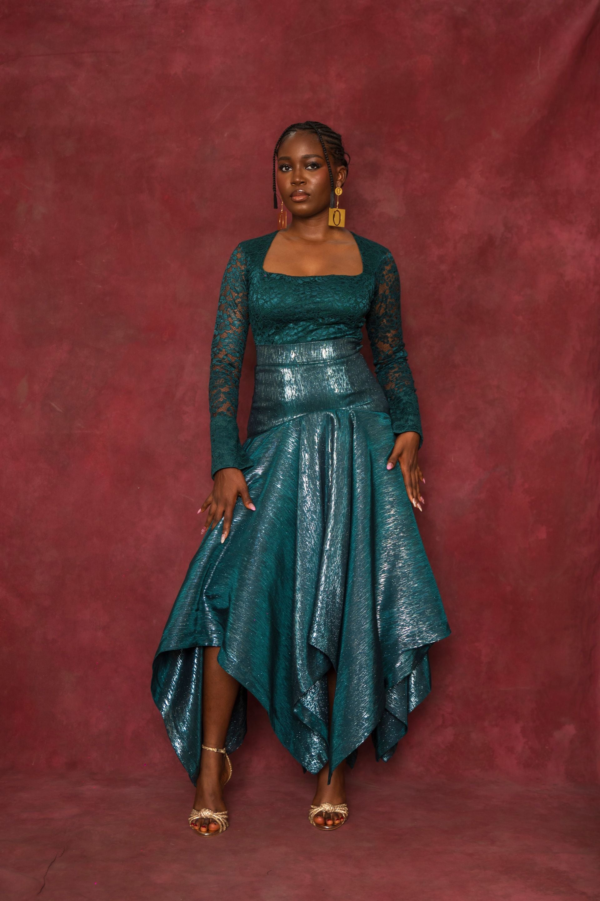 Green Lace Blouse and Handkerchief Skirt Set