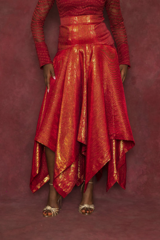 Red Lace Blouse and Handkerchief Skirt Set