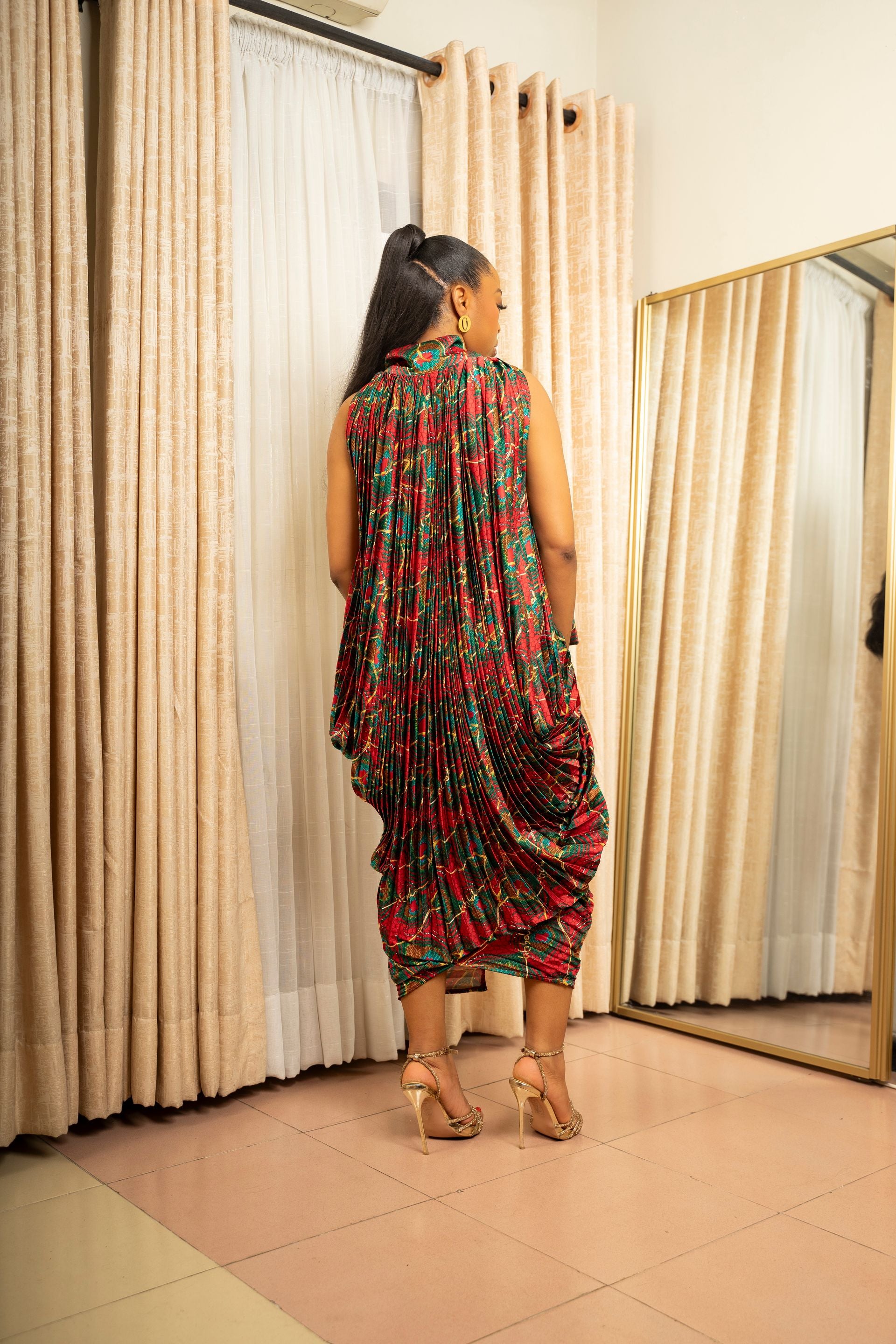 Red Kintsugi Print Pleated Dress