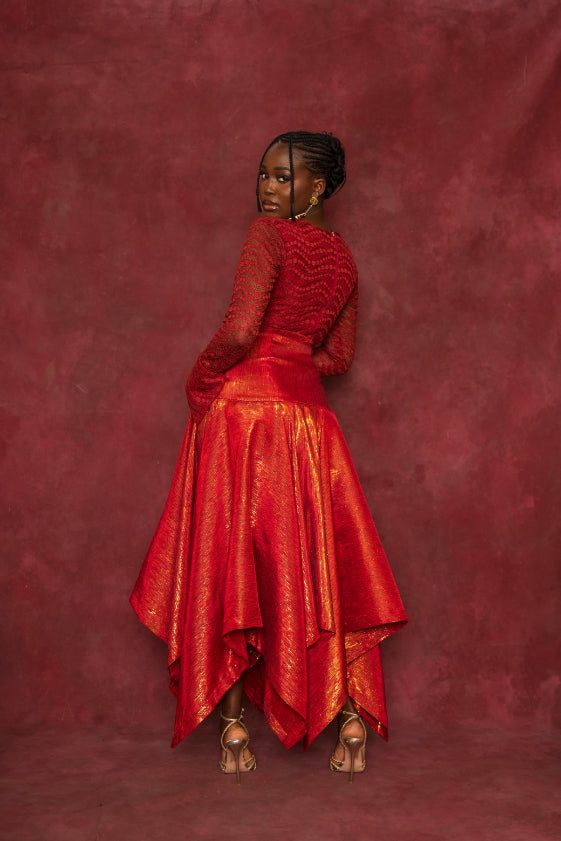 Red Lace Blouse and Handkerchief Skirt Set