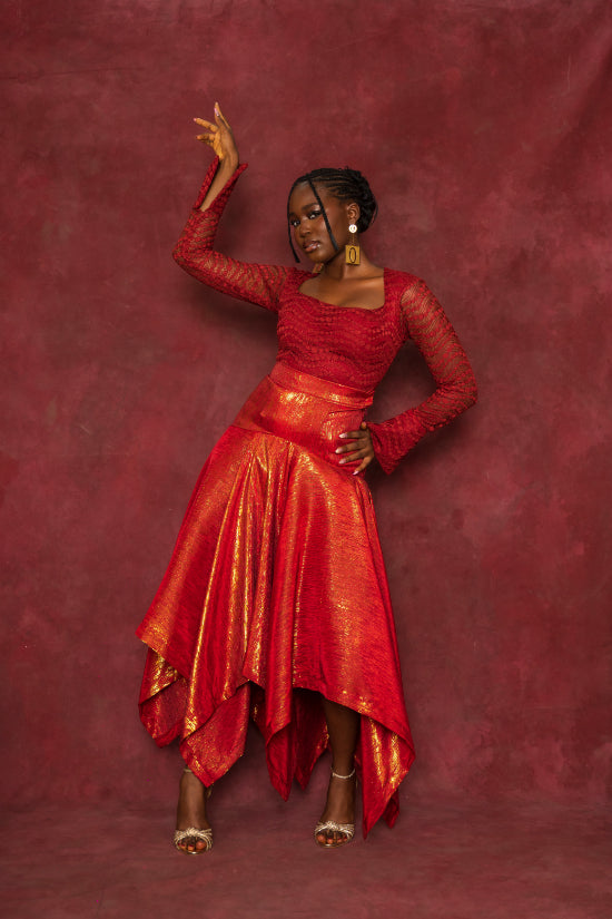 Red Lace Blouse and Handkerchief Skirt Set