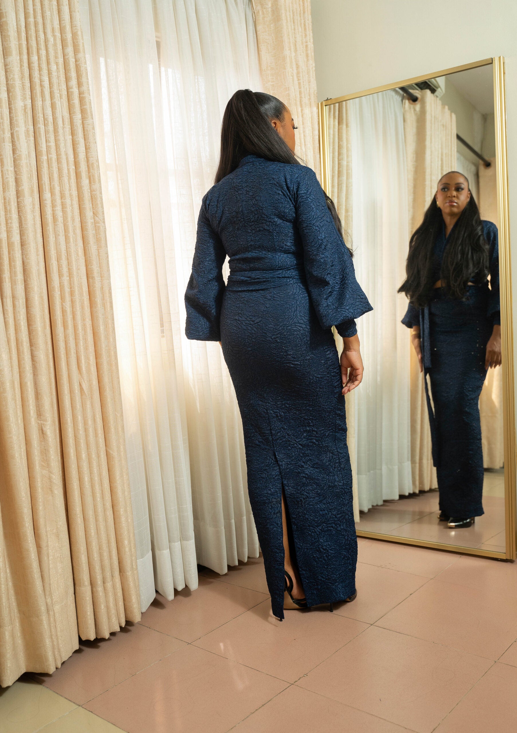 Navy Conical Sleeve Maxi Dress