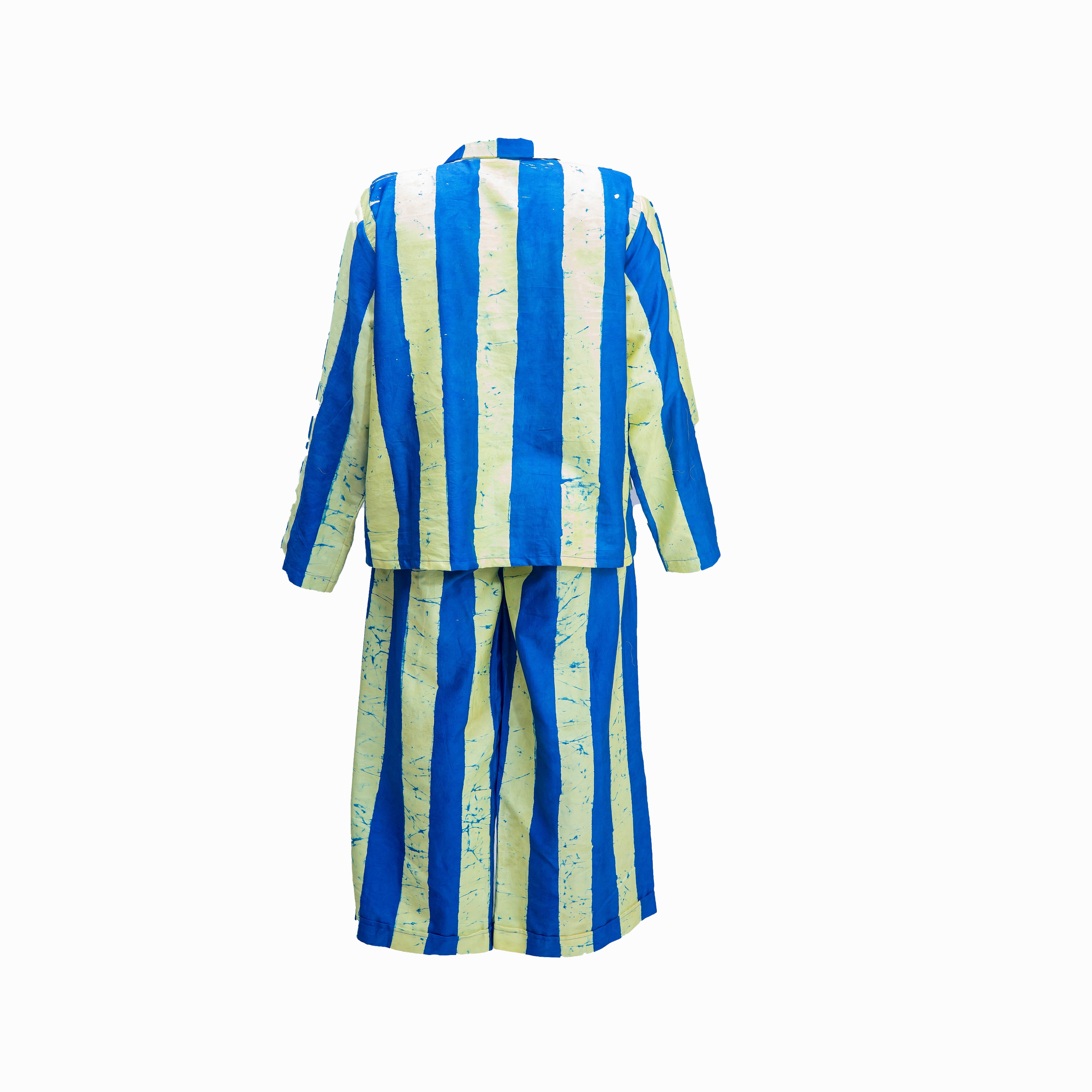 Blue & Cream Stripped Co-Ord Set With Raffia Details