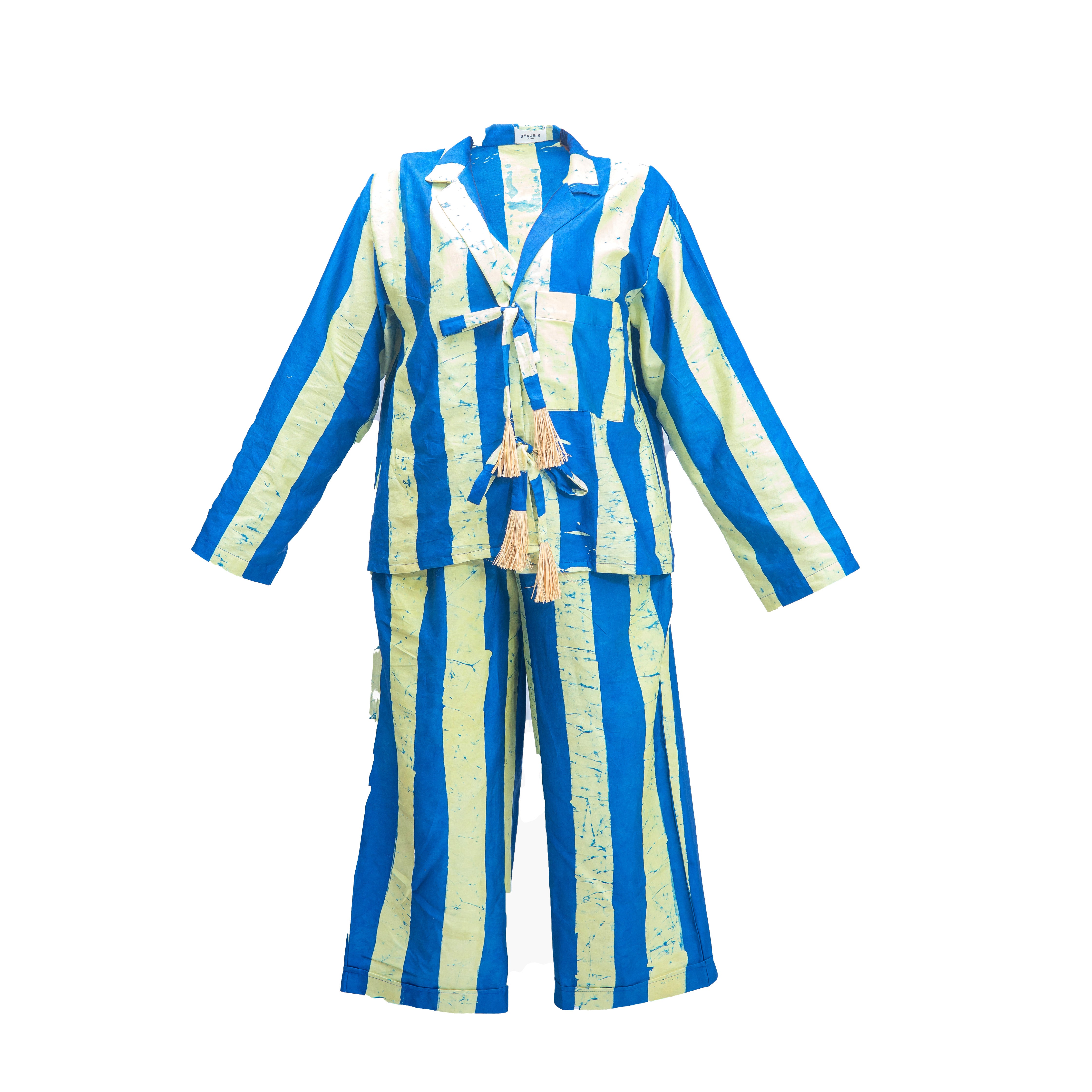 Blue & Cream Stripped Co-Ord Set With Raffia Details