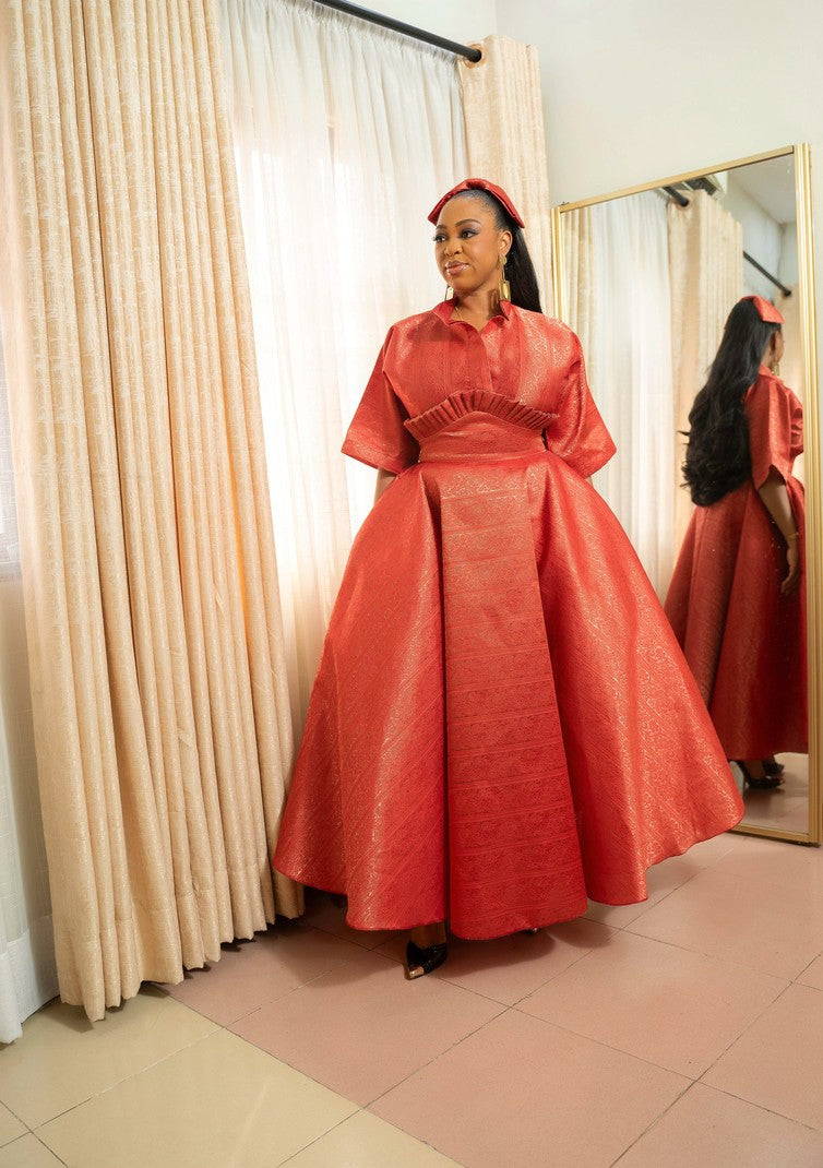 Red Boxy Blouse and Ruffle Detail Skirt