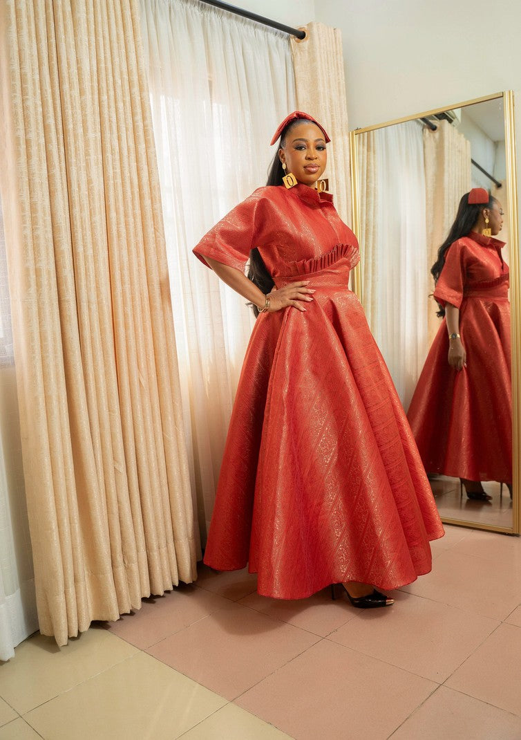 Red Boxy Blouse and Ruffle Detail Skirt