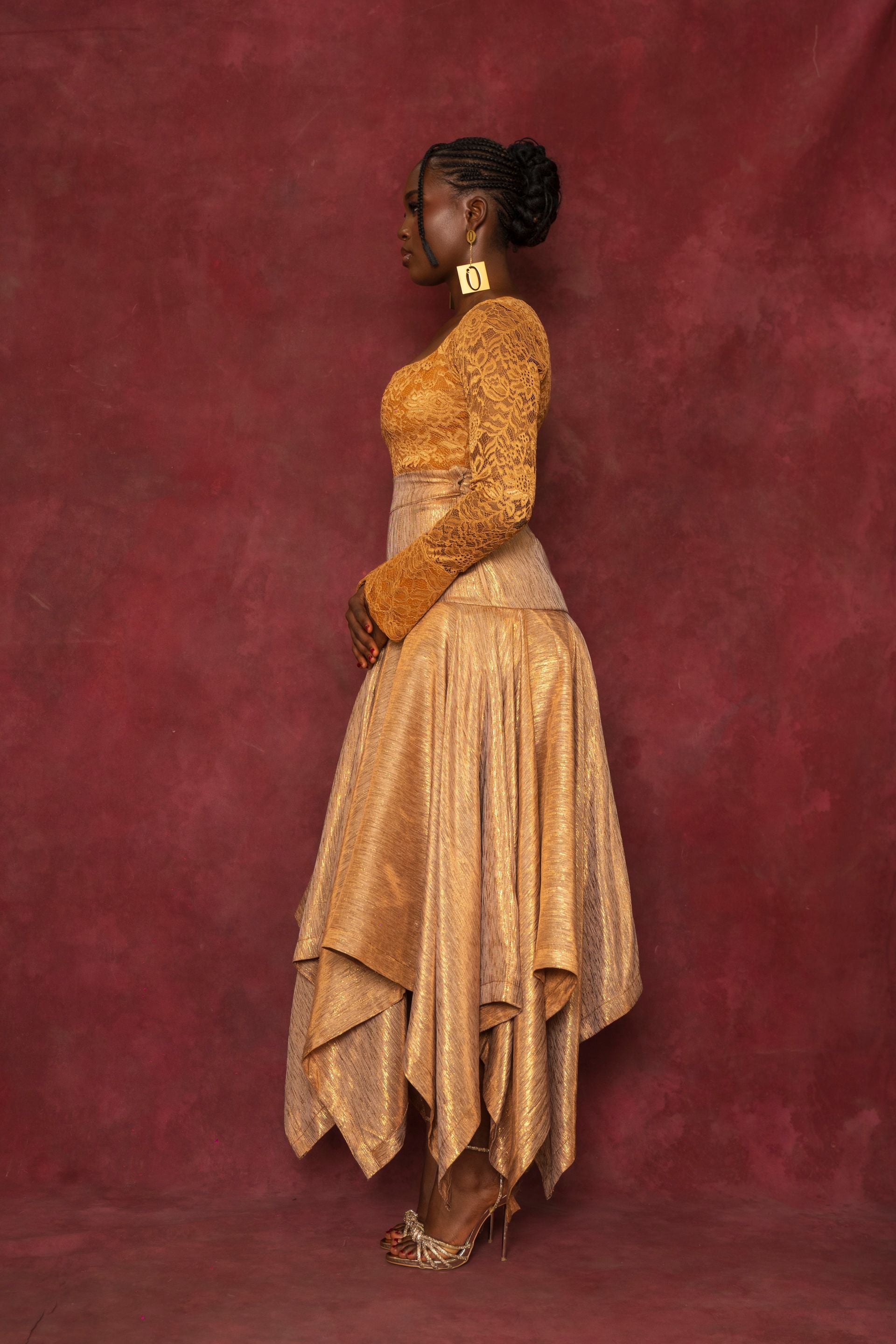 Gold Lace Blouse and Handkerchief Skirt Set