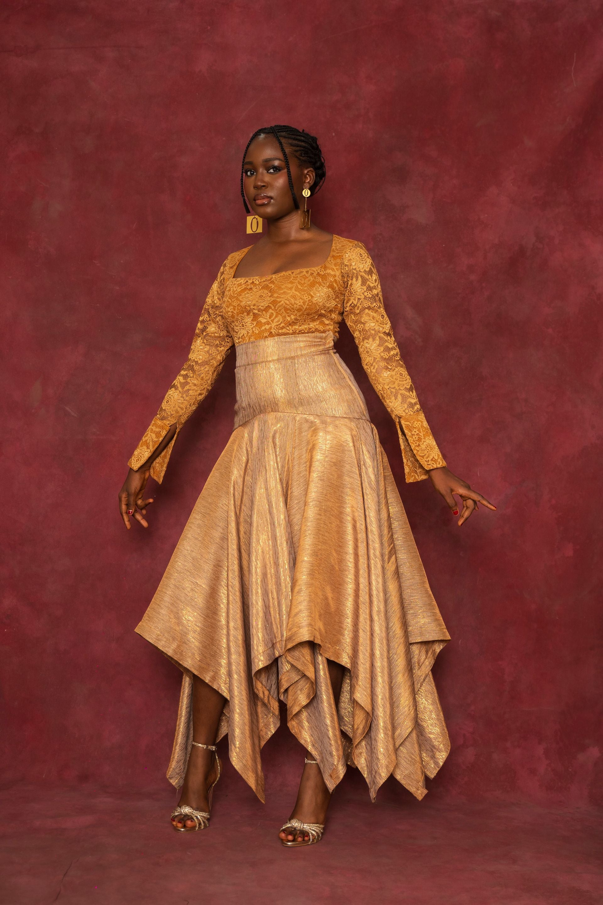 Gold Lace Blouse and Handkerchief Skirt Set