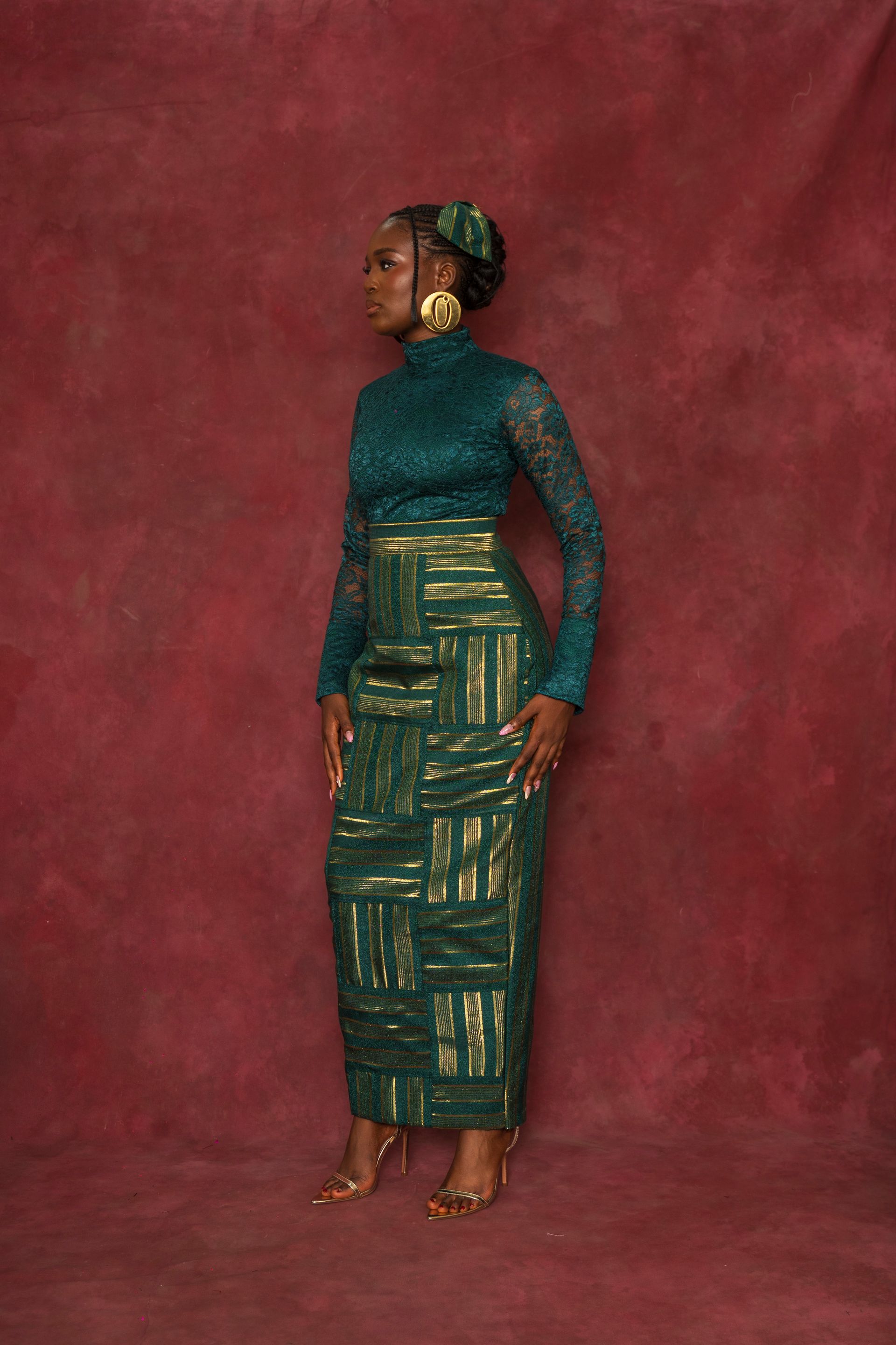 Green Lace Blouse and Rhozubic Woven Maxi Skirt