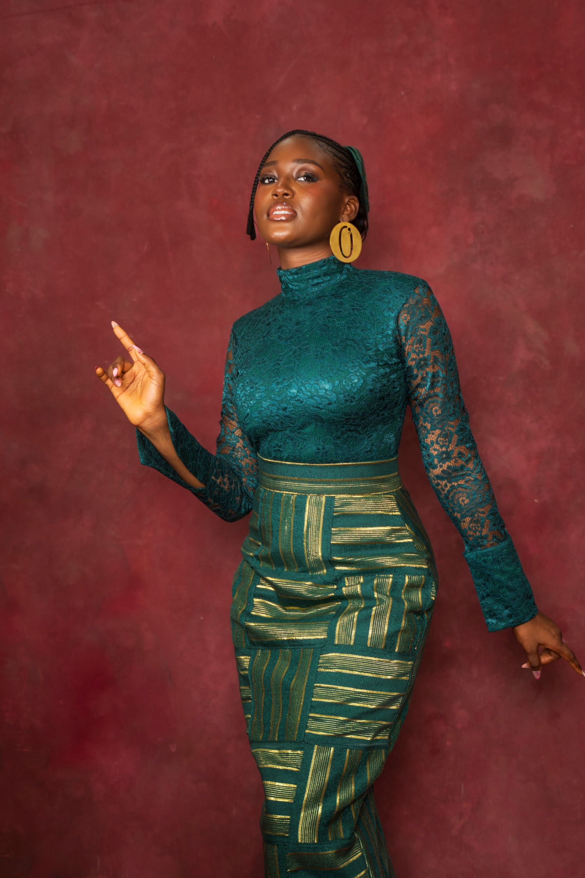 Green Lace Blouse and Rhozubic Woven Maxi Skirt