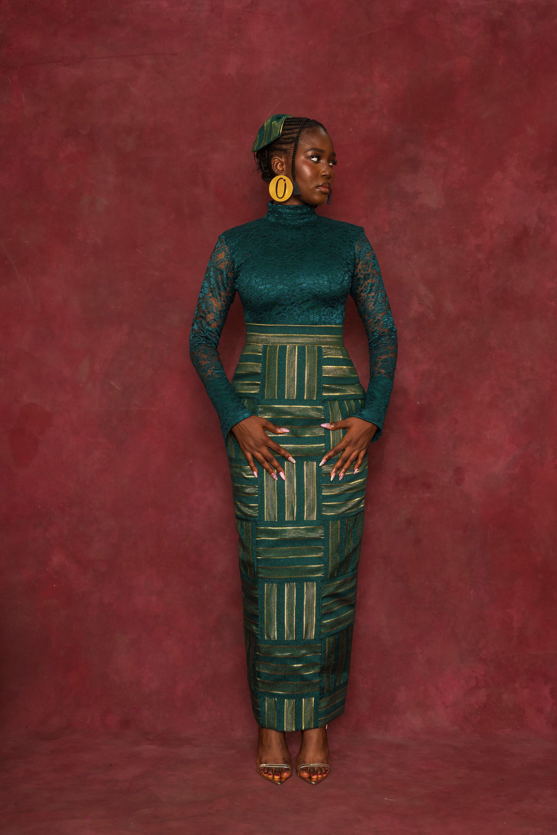 Green Lace Blouse and Rhozubic Woven Maxi Skirt