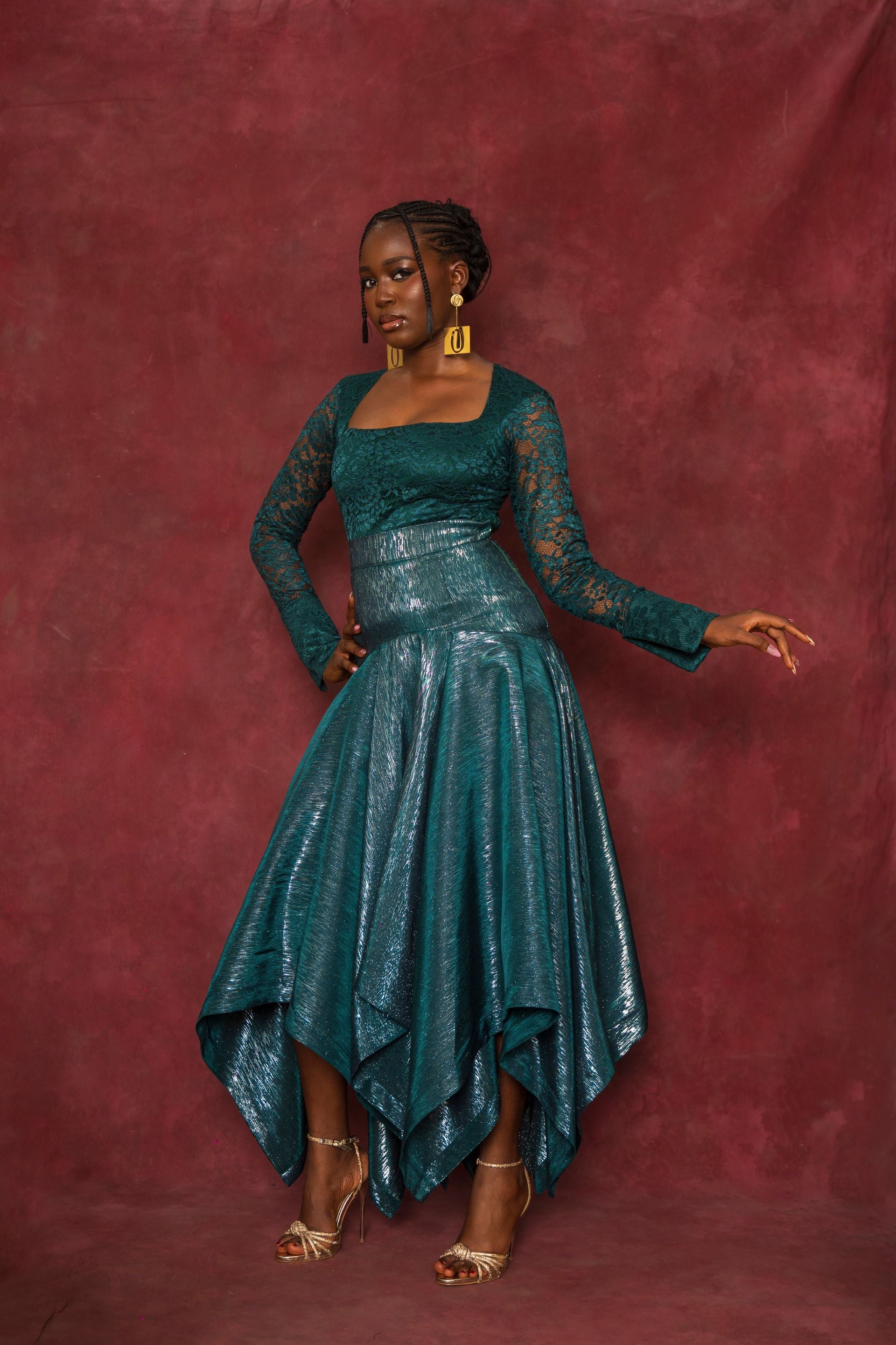 Green Lace Blouse and Handkerchief Skirt Set