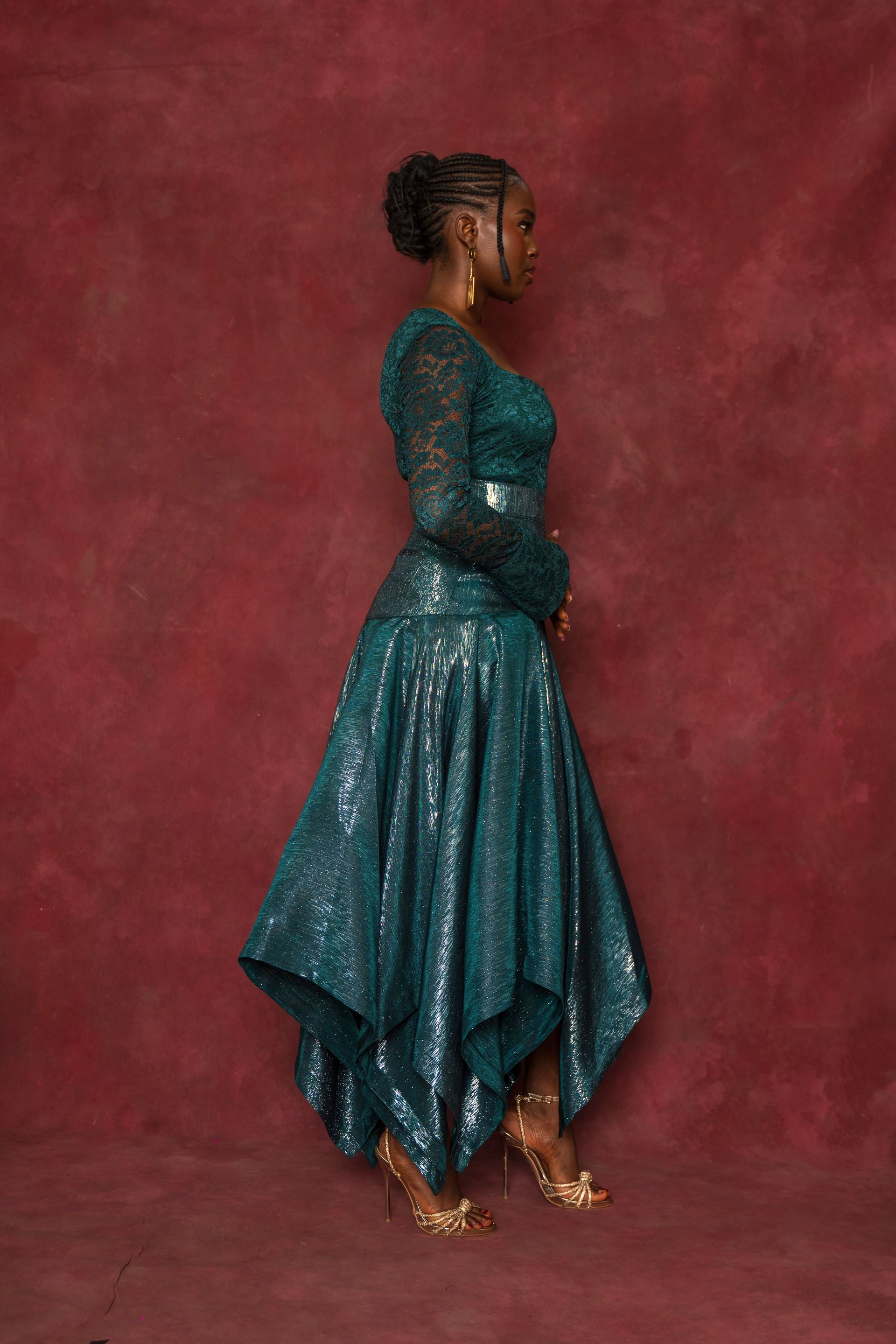 Green Lace Blouse and Handkerchief Skirt Set