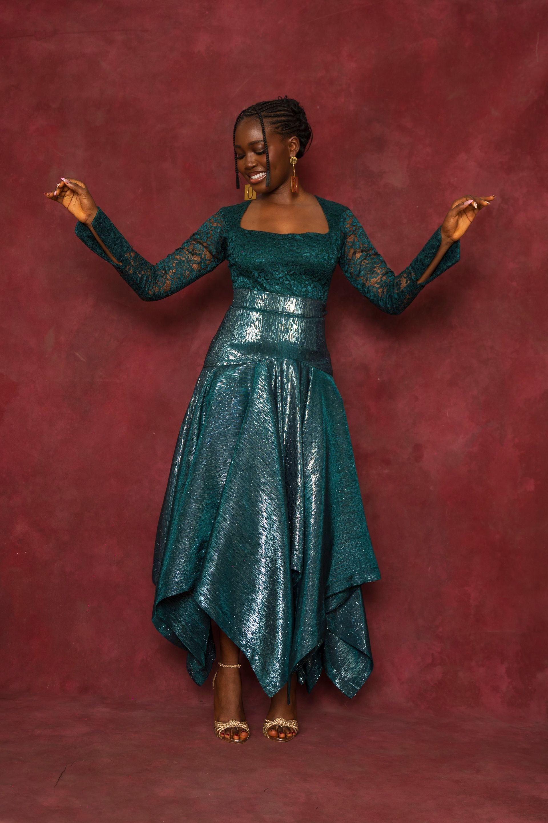 Green Lace Blouse and Handkerchief Skirt Set