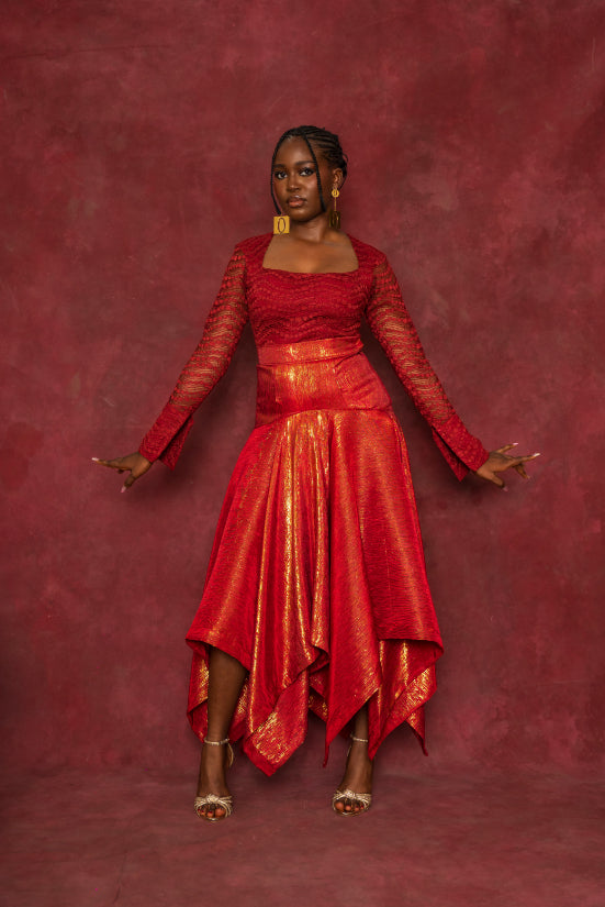 Red Lace Blouse and Handkerchief Skirt Set