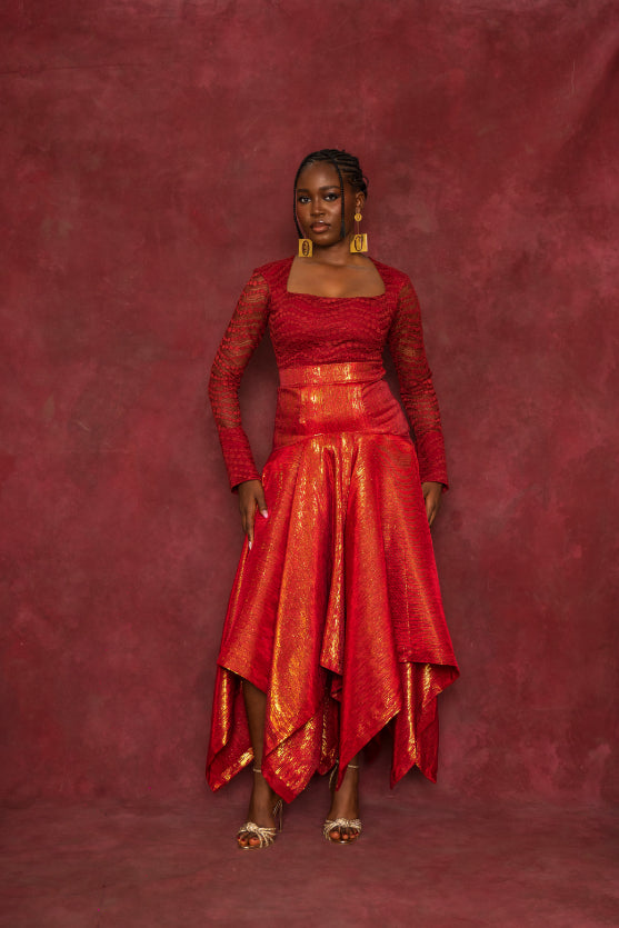 Red Lace Blouse and Handkerchief Skirt Set