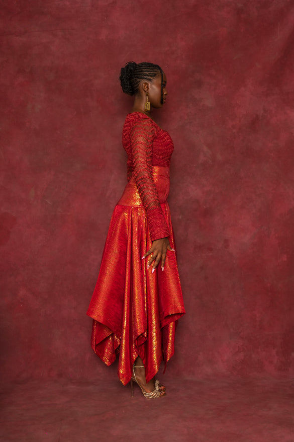 Red Lace Blouse and Handkerchief Skirt Set