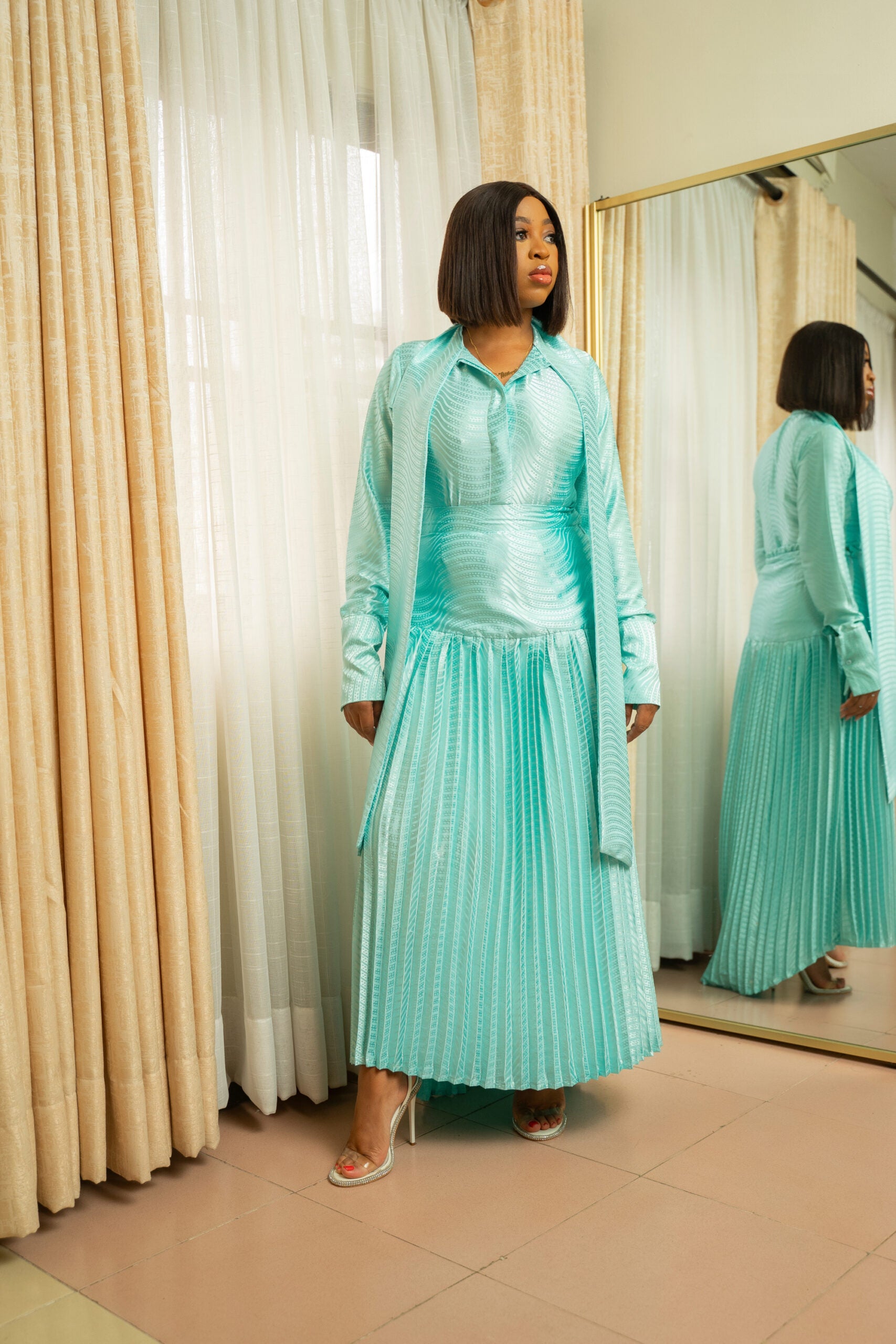Turquoise Pussy Bow Blouse & Pleated Maxi Skirt