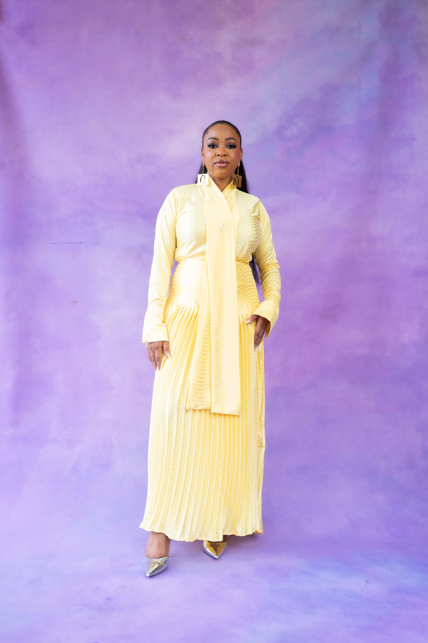 Yellow Pussy Bow Blouse & Pleated Maxi Skirt