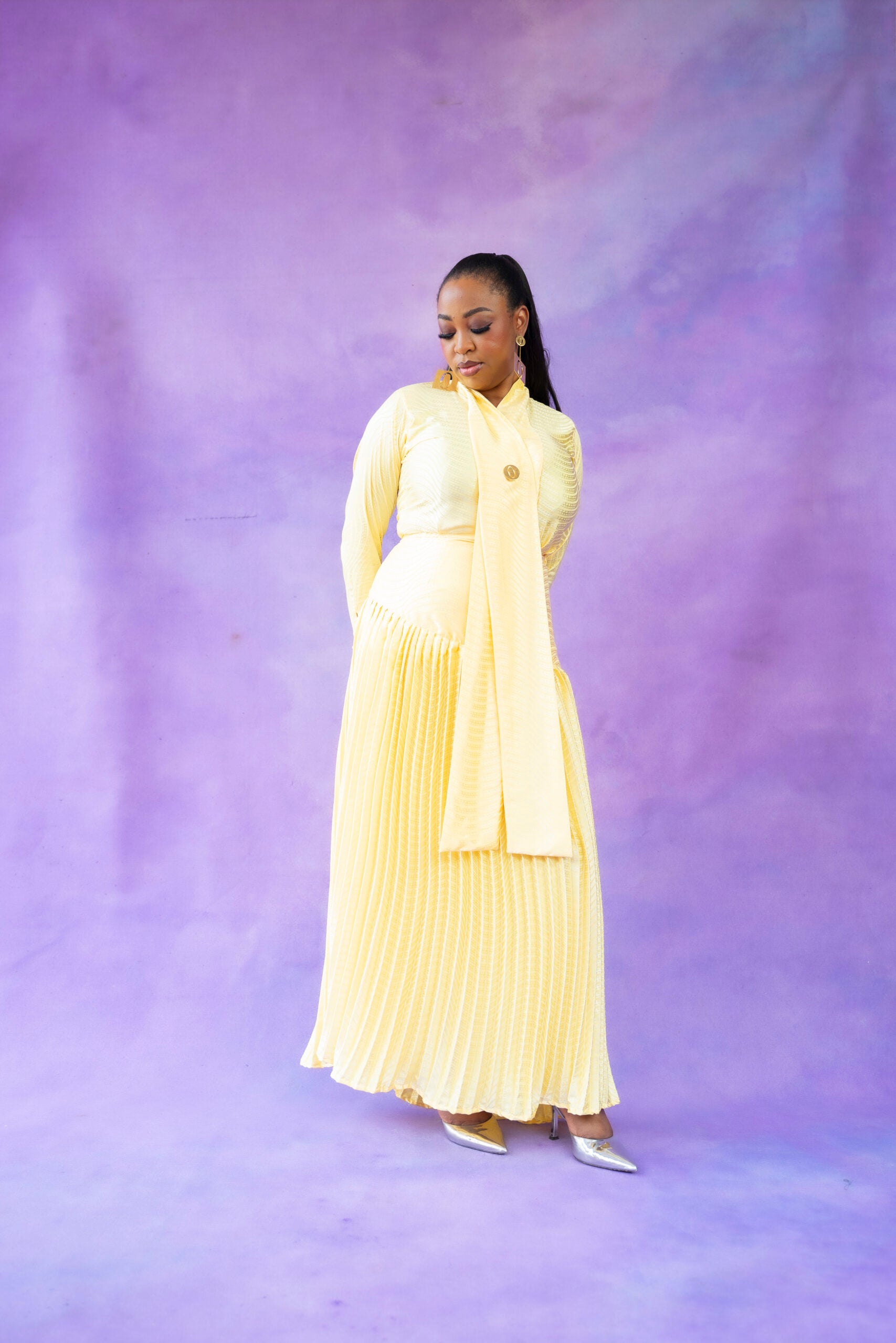 Yellow Pussy Bow Blouse & Pleated Maxi Skirt