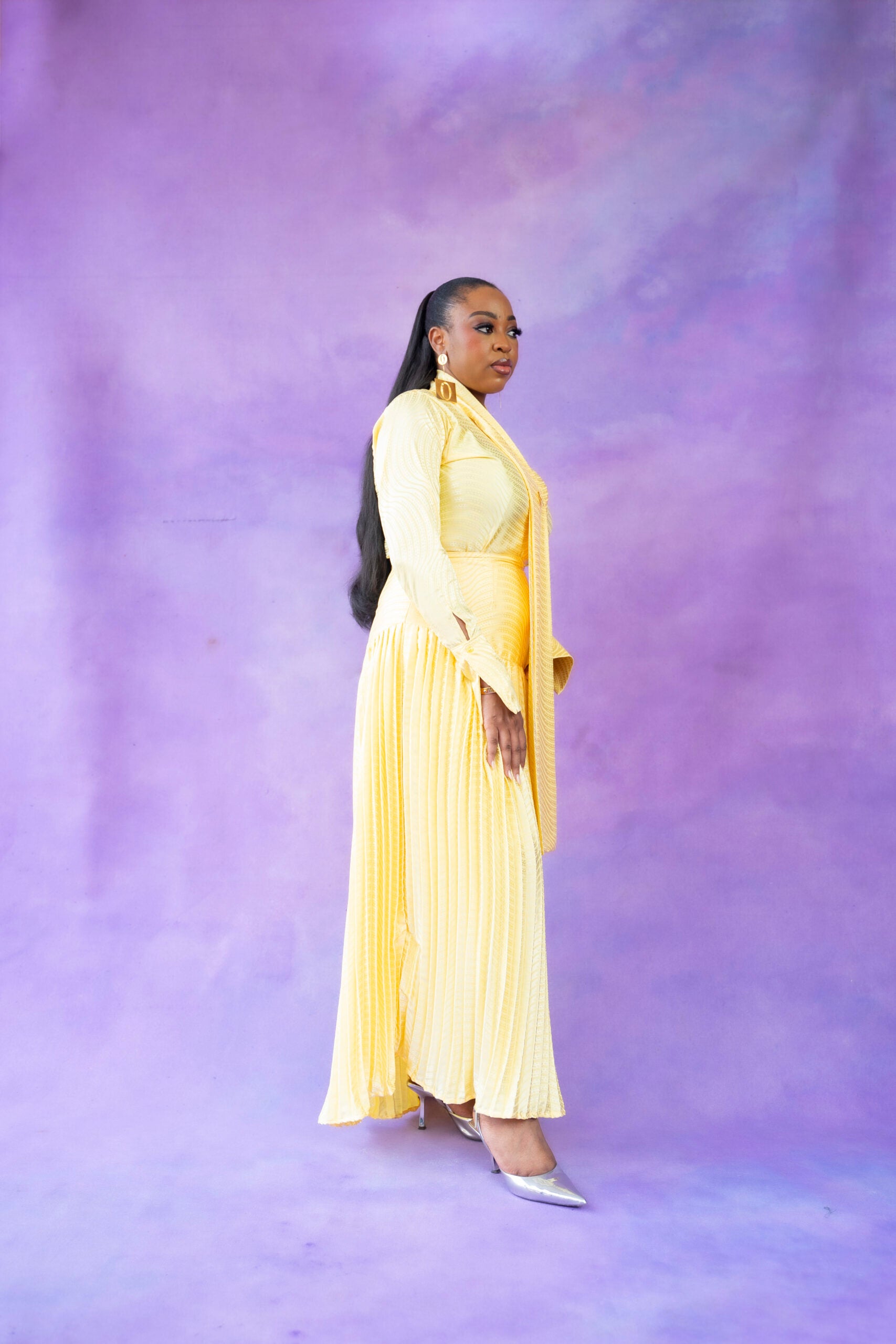 Yellow Pussy Bow Blouse & Pleated Maxi Skirt